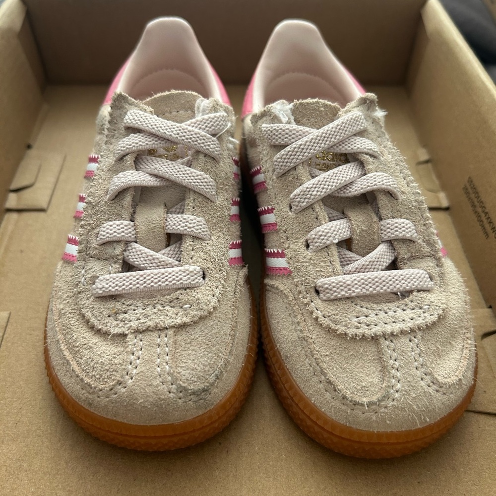adidas Kids Samba Beige Suede Sneakers with Pink Stripes and Gum Sole